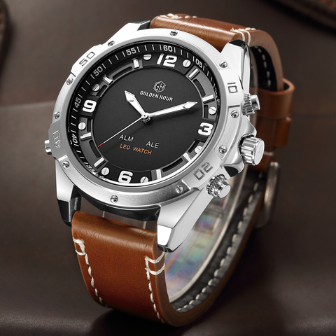 GOLDENHOUR Luxury Fashion Sport Men Watches Army Military Mens Watch Leather Waterproof Wristwatch Male Clock Relogio Masculino ► Photo 1/6