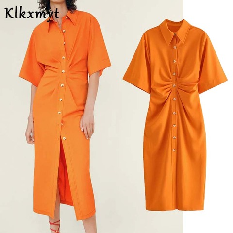 Klkxmyt summer za dress women high street vintage print lapel folds party shirt dress vestidos de fiesta de noche vestidos ► Photo 1/6