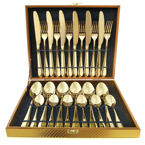 24 Pcs Golden Cutlery Dishes Dinnerware Table Sets Tableware Stainless Steel Gold Flatware Fork Spoon Knife Set dinnerware set ► Photo 1/6