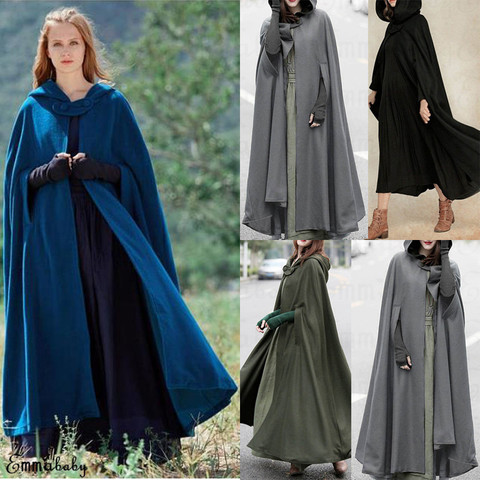 Winter Fashion Women Single Button Hooded Coat Hooded Cloak Hooded Cape Medieval Costumes Ponchos X-Long Gray Green Black Blue ► Photo 1/1