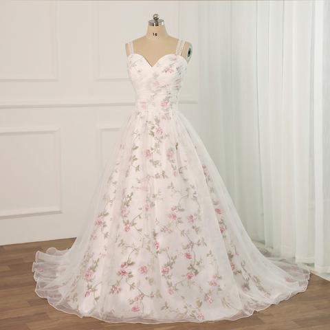 Jiayigong Floral Print Wedding Dress Plus Size Sleeveless Sweetheart Pleats Beading Sequins Robe Mariee Flower Wedding Dresses ► Photo 1/6