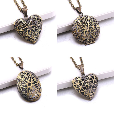 Heart Carved Flower stripe Locket Pendant Necklace Women Vintage Ancient Brass Opening Photo Box Jewelry Romantic Gift ► Photo 1/6