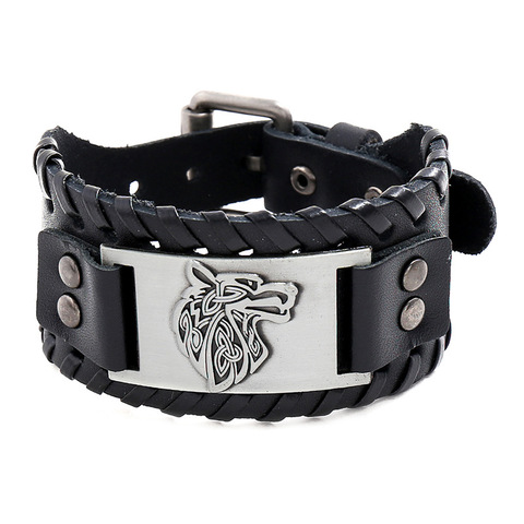 Jessingshow Vintage Men Viking Bracelet Wolf Cowhide Bracelet Men's Wide Leather Strap Bracelet Totem Jewelry Accessories ► Photo 1/6