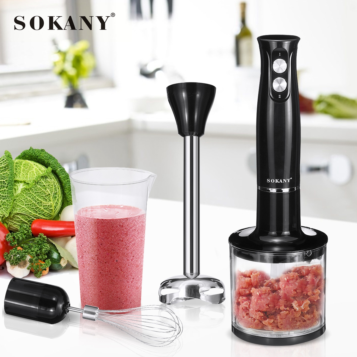 BioloMix 1200W 4-in-1 Immersion Hand Stick Blender Mixer Vegetable Meat  Grinder 800ml Chopper Whisk 600ml Smoothie Cup