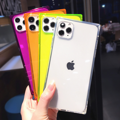 Square Fluorescent Color Transparent Phone Case For iPhone 11 Pro Max X XS XR 12 Mini 7 8 Plus 6 6s SE Clear Soft Silicone Cover ► Photo 1/6