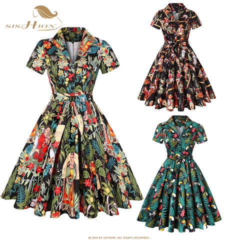 SISHION Autumn Cotton Vintage Dress SD0002 Short Sleeve 4XL Plus Size Swing 50S Retro Toucan Floral Print Rockabilly Dresses ► Photo 1/6