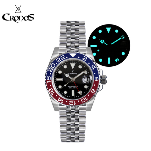 Cronos GMT Automatic Men Watch Bidirectional Bezel Sapphire 20 ATM Jubilee Bracelet BGW-9 Lum ► Photo 1/6