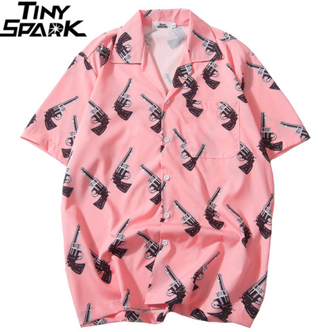 2022 Hip Hop Shirts Streetwear Mens Hawaiian Shirt Pistol Gun Print Harajuku Summer Beach Shirt Thin Pink Tops Short Sleeve New ► Photo 1/1