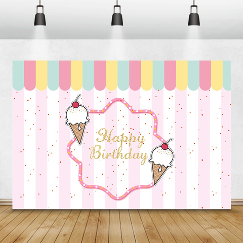 Laeacco Birthday Photocall Pink White Stripes Ice Cream Bar Cart Baby Shower Newborn Photography Backdrops Backgrounds Photozone ► Photo 1/6