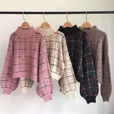 2022 Autumn Winter New Plaid Sweater Women Korean Lazy Wind Short Loose Casual Checkered Sweater Lantern Sleeve Pullovers Girls ► Photo 1/6