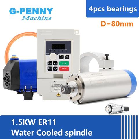 1.5kw ER11 water cooled spindle motor kit 4 pcs bearings 0.01mm accuracy & 1.5kw inverter & 80mm holder & 75w water pump ► Photo 1/6