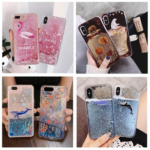 Water Liquid Case for iPhone 11 Pro XS Max XR XS 7 8 6 6s Plus Dolphin Whale Fish Floral Flamigo Quicksand Glitter Soft Cover ► Photo 1/6