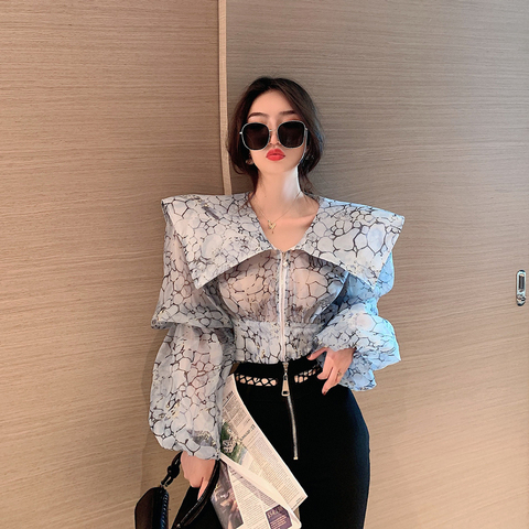 Autumn Women's Big Turn Down Collar Printing Shirt Fashion Female Lantern Sleeve Elegant Top Perspective Zipper Blouses Shirts ► Photo 1/6