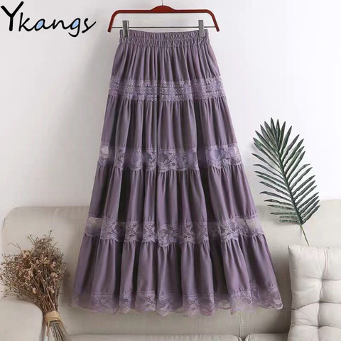 Sweet kawaii Chiffon Lace Stitching A-line pleated skirt Women's High Waist Midi Skirts Black Purple Elegant Party Long Skirt ► Photo 1/6