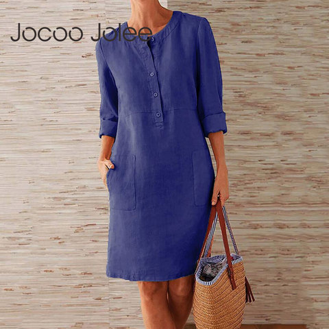 Jocoo Jolee Women Casual Soild Long Sleeve Cotton and Linen Tunic Dress Vintage Straight Dress Long Sleeve Plus Size Mini Dress ► Photo 1/6