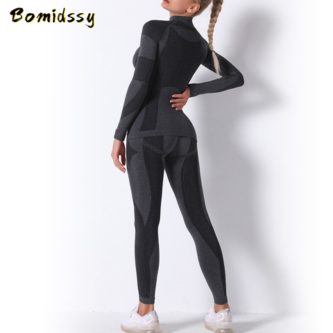 Women's Fashion Sportswear Set High Neck Striped Seamless Long Sleeve Fitness Sports Slim Yoga Wear High Waist Elastic Leggings ► Photo 1/6