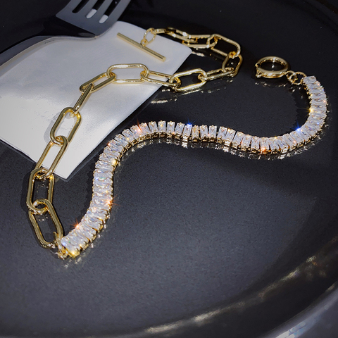 Korean new design fashion jewelry thick chain luxury shiny asymmetric copper inlaid zircon OT buckle female short necklace ► Photo 1/6