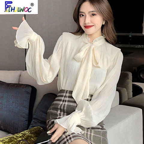 Bow Tie Tops Women Korean Style Design Clothes Flare Sleeve Elegant Office Lady Cute Ribbon Sweet Basic Shirts Blouses 1627 ► Photo 1/6