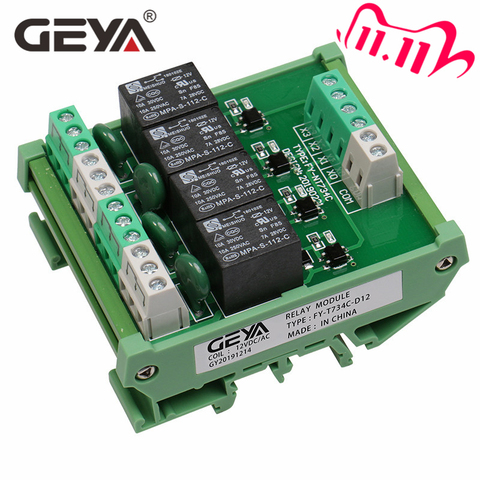 GEYA 4 Channel Relay Module 1 SPDT DIN Rail Mount 12V 24V DC/AC Interface Relay Module 220V 230V ► Photo 1/6