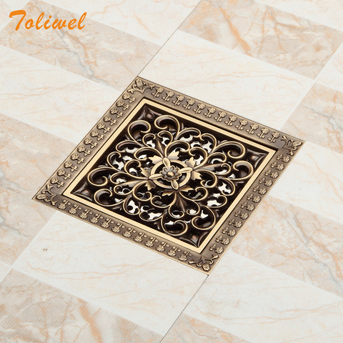 Shower Drains 12*12cm Square Bath Drains Strainer Hair Antique Brass Art Carved Bathroom Floor Drain Waste Grate Drain 3782151A ► Photo 1/6