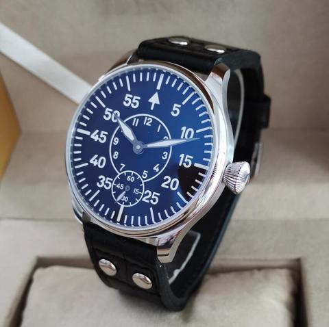 GEERVO No logo Pilot style 44mm Manual mechanical men's Watch Black dial super luminous ST3621 Movement rivet with Black strap ► Photo 1/6