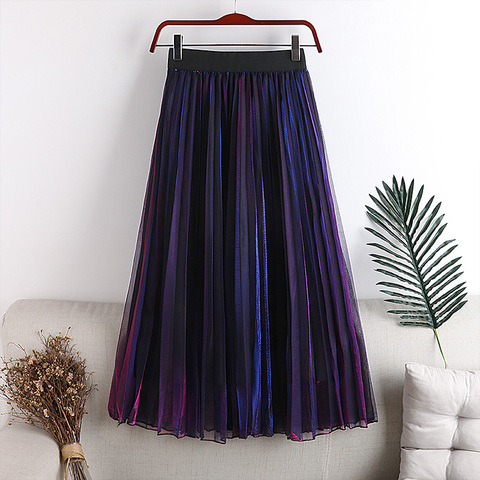 2022 New Summer Skirts Woman Mid-Calf Mixed Color Gradient Mesh Skirt A-Line Elegant Female Glitter Tulle Skirt Faldas Saias ► Photo 1/6