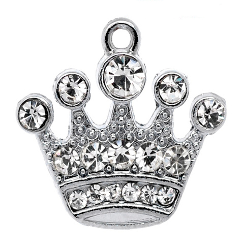 10 PCs Doreen Box Rhinestone Crown Charm Pendants Silver Color For DIY Jewelry Making Accessories 21mmx20mm, Hole: 1.7mm ► Photo 1/3