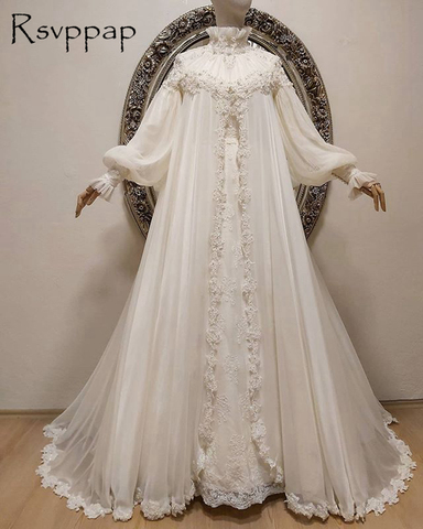 Long Sleeve Chiffon Wedding Dresses 2022 High Neck Beaded Embroidery Muslim Dubai Women White Bridal Wedding Gowns ► Photo 1/5