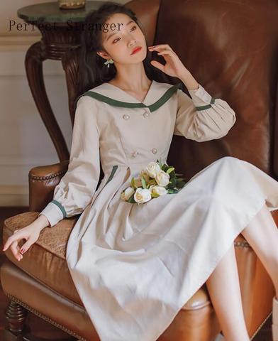 2022 Spring Autumn New Arrival Retro Hot Sale Peter Pan Collar Navy Style Long Sleeve Woman Long Dress ► Photo 1/5