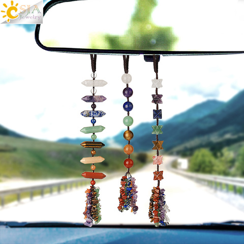 CSJA Natural Stone Car Hanging Decoration Amulet Healing 7 Chakra Chips Merkaba Hexagon Prism Round Ball Weaving Home Decor G493 ► Photo 1/6