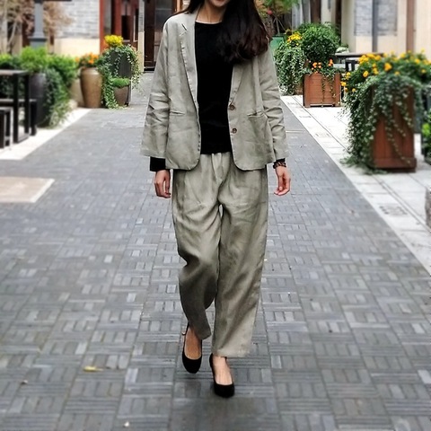 Women Loose Linen Suits Solid Color Vintage Flax Suits Blazer+Elastic Waist Pants Female Suits ► Photo 1/6