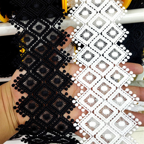 Pom Pom Embroidered Lace Fabric 75 mm Wide Black White Hollow Out Lace DIY Webbing Sewing For Dress Clothing Decoration ► Photo 1/5