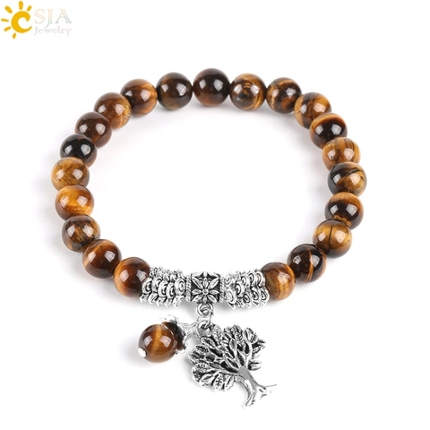 CSJA Natural Tiger Eye Lucky Gem Stone Tree of Life Bracelets 2017 Rosary Reiki Healing Energy Mala Yoga Beads Men Jewelry E725 ► Photo 1/6