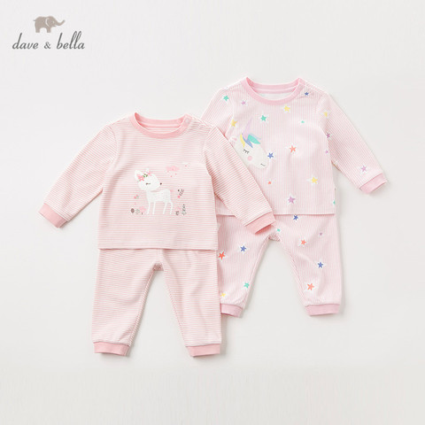 DB12187 dave bella autumn baby girls fashion cartoon striped pajamas newborn baby underwear casual sleepwear 2 pcs suit ► Photo 1/6