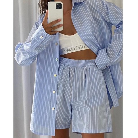 Loung Wear Women's Home Clothes Stripe Long Sleeve Shirt Tops and Loose High Waisted Mini Shorts Two Piece Set Pajamas ► Photo 1/6