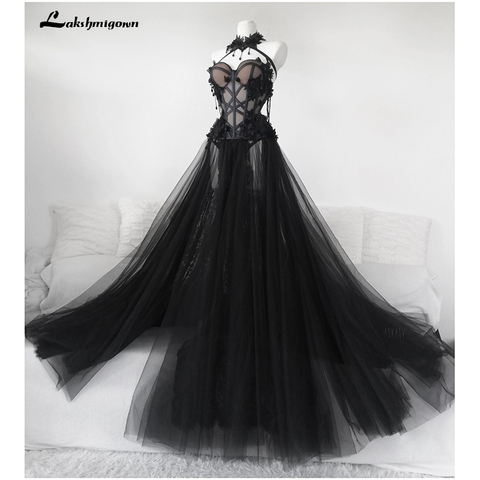 Gothic Black Long Wedding Dress 2022 Sexy Bridal Gown Vestidos De Novia Sexy Tulle Wedding Gowns Trouwjurk Plus Size ► Photo 1/6