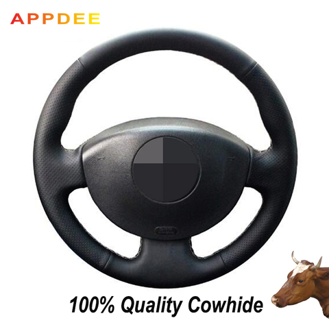 Black Genuine Leather Hand-stitched Car Steering Wheel Cover for Renault Megane 2 2003-2008 Kangoo 2008 Scenic 2 2003-2009 ► Photo 1/6