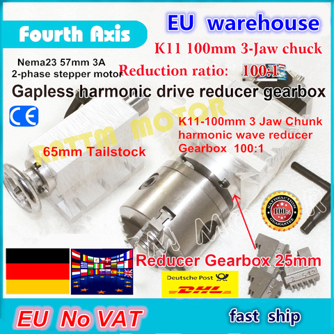 DE ship/free VAT 4th rotary axis Gapless harmonic reducer Gearbox 3 jaw K11-100mm dividing head&Tailstock for CNC ROUTER MACHINE ► Photo 1/6