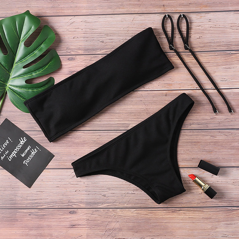Solid Bikini Swimsuit women's Beach suit 2022 low waist sexy off shoulder swimsuit women's padded bra swimsuit ► Photo 1/6