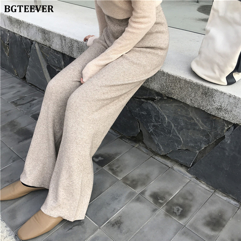 BGTEEVER Autumn Winter Loose Elastic Waist Women Straight Leg Knitted Pant 2022 Ladies Casual Sweater Trouser Floor-length Pants ► Photo 1/6