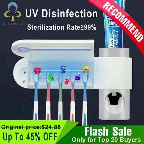 2 in 1 UV Light Ultraviolet Toothbrush Sterilizer Toothbrush Holder Automatic Toothpaste Squeezers Dispenser Bathroom Set GYH ► Photo 1/6