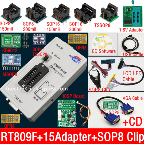 Original RT809F Serial ISP Programmer with adapters +1.8v adapter+SOP8 test clip+EDID cable +ICSP bios universal programmer ► Photo 1/6