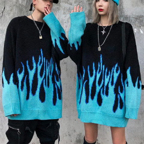 New Winter Autumn Sweater Women Men Casual Long Sleeve Blue Flame Oversized Pullover Sweater Loose Boyfriend Pullovers ► Photo 1/6