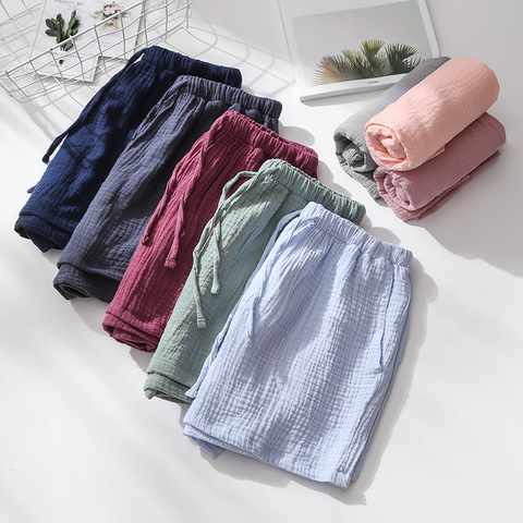 Summer Couples Sleep Pants 100% Cotton Crepe Pajama Shorts Men and Women Elastic Waist Sleep Bottoms Solid Sleeping Shorts 2022 ► Photo 1/6