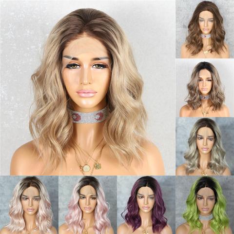 BeautyTown Dark Root Ombre Brown Grey Pink Green Mint Short Blogger Daily Makeup Glueless Synthetic Lace Front Wedding Party Wig ► Photo 1/5
