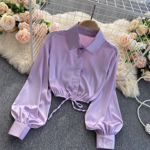 2022 New Temperament Fashion Women's Satin Shirt Bow Tie Lace Lapel D Lantern Sleeve Slim Short Top UK798 ► Photo 1/6