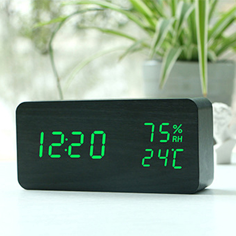 LED Wooden Table Clock Voice Control Digital Clock Alarm Clock with Three Group Ringing Calendar Temperature Humidity Function ► Photo 1/6