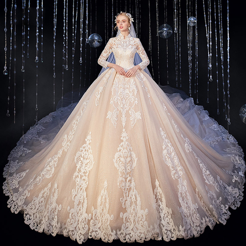 2022 New Arrivals High Neck Three Quarter Sleeve All Over Appliques Lace Super Gorgeous Shiny Ball Gown Wedding Dresses ► Photo 1/6
