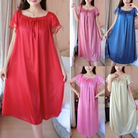 Womens Summer Lace Ice Silk Nightdress Short Sleeve Loose Plus Size Nightgown XL R9JE ► Photo 1/6