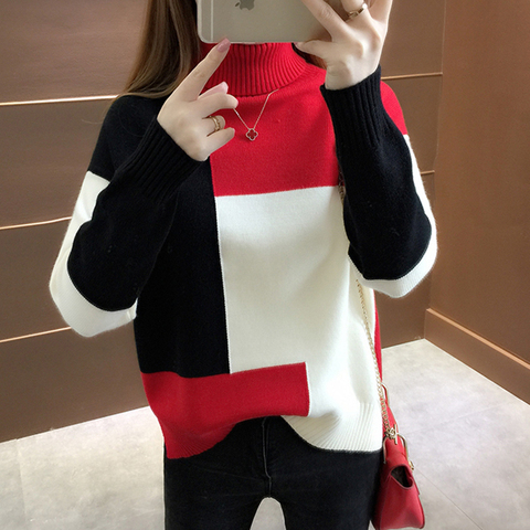 Oversized Knitted Sweater Women Red Patchwork Turtleneck Knitted Winter Jumper Korean Pullover Casual Clothes Warm Loose V644 ► Photo 1/6
